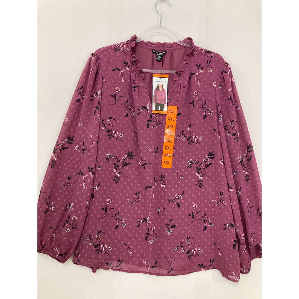 New Hilary Radley Blouse XXL Purple Floral Swiss Dot Ruffle Neck Long Sleeve